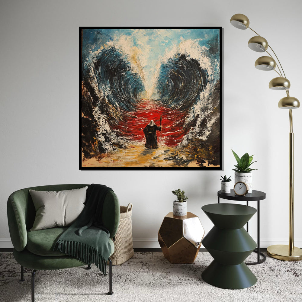 Moses Parting the Sea Canvas Print, Bold Exodus Illustration, Vibrant Religious Wall Decor for Home or Office