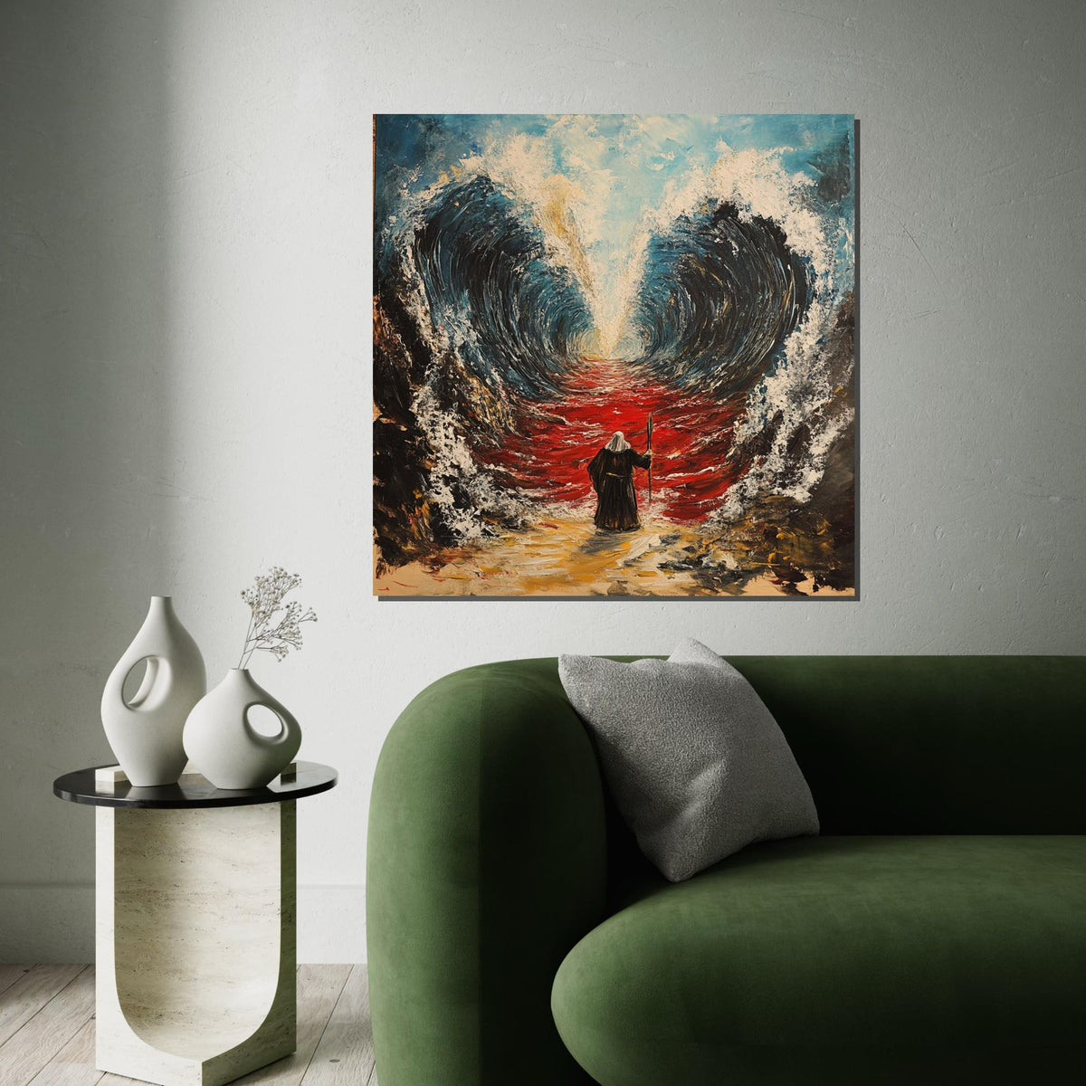 Moses Parting the Sea Canvas Print, Bold Exodus Illustration, Vibrant Religious Wall Decor for Home or Office
