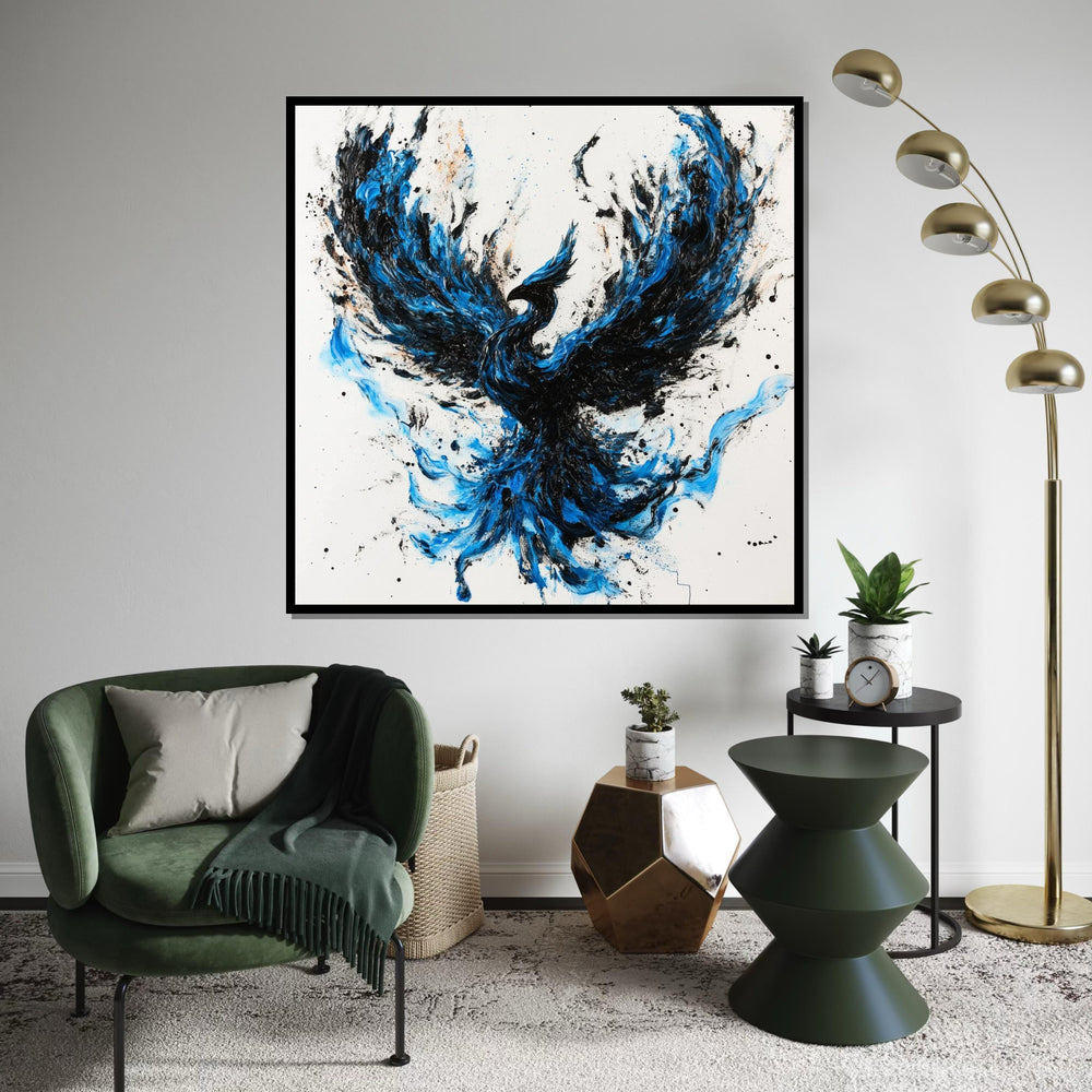 Blue & Black Phoenix Canvas Print, Dynamic Firebird Illustration with Brushstroke Texture, Bold Mythical Wall Art for Home or Office