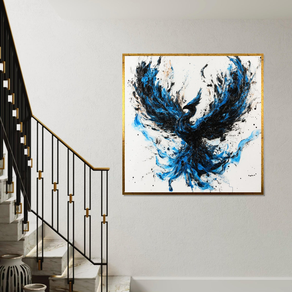 Blue & Black Phoenix Canvas Print, Dynamic Firebird Illustration with Brushstroke Texture, Bold Mythical Wall Art for Home or Office