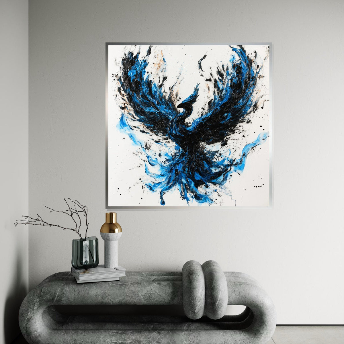 Blue & Black Phoenix Canvas Print, Dynamic Firebird Illustration with Brushstroke Texture, Bold Mythical Wall Art for Home or Office