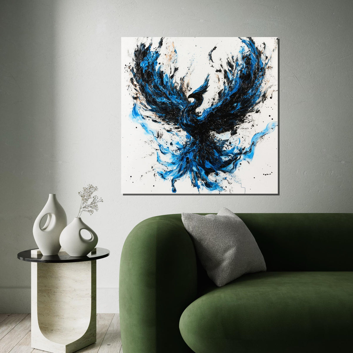 Blue & Black Phoenix Canvas Print, Dynamic Firebird Illustration with Brushstroke Texture, Bold Mythical Wall Art for Home or Office