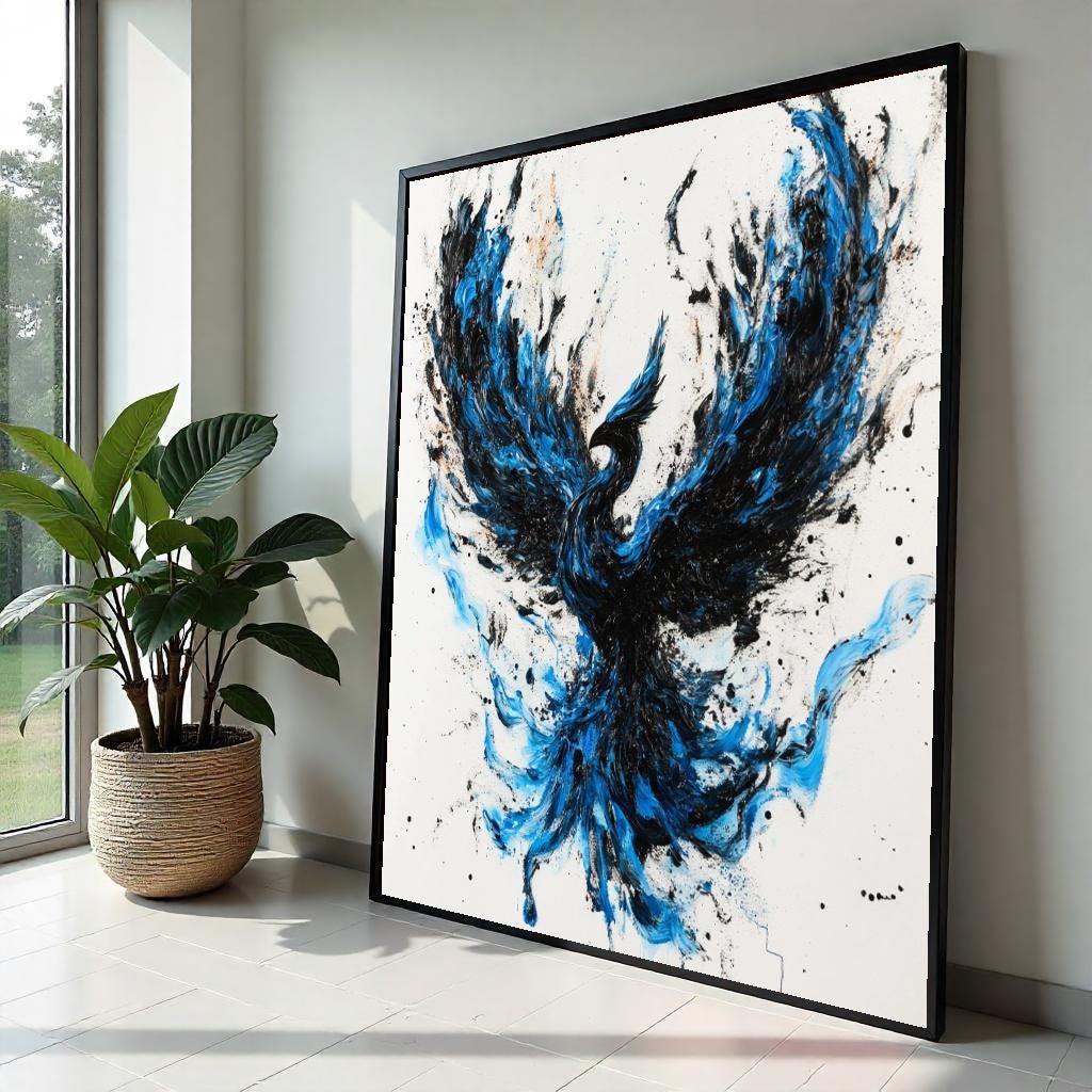 Blue & Black Phoenix Canvas Print, Dynamic Firebird Illustration with Brushstroke Texture, Bold Mythical Wall Art for Home or Office