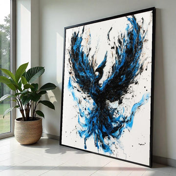 Blue & Black Phoenix Canvas Print, Dynamic Firebird Illustration with Brushstroke Texture, Bold Mythical Wall Art for Home or Office