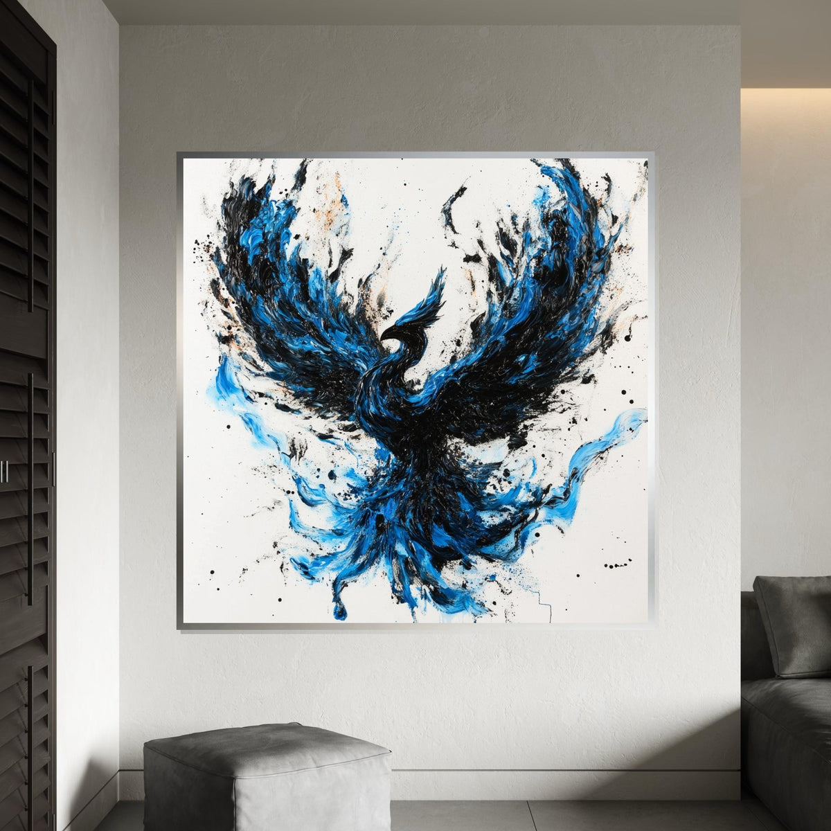 Blue & Black Phoenix Canvas Print, Dynamic Firebird Illustration with Brushstroke Texture, Bold Mythical Wall Art for Home or Office