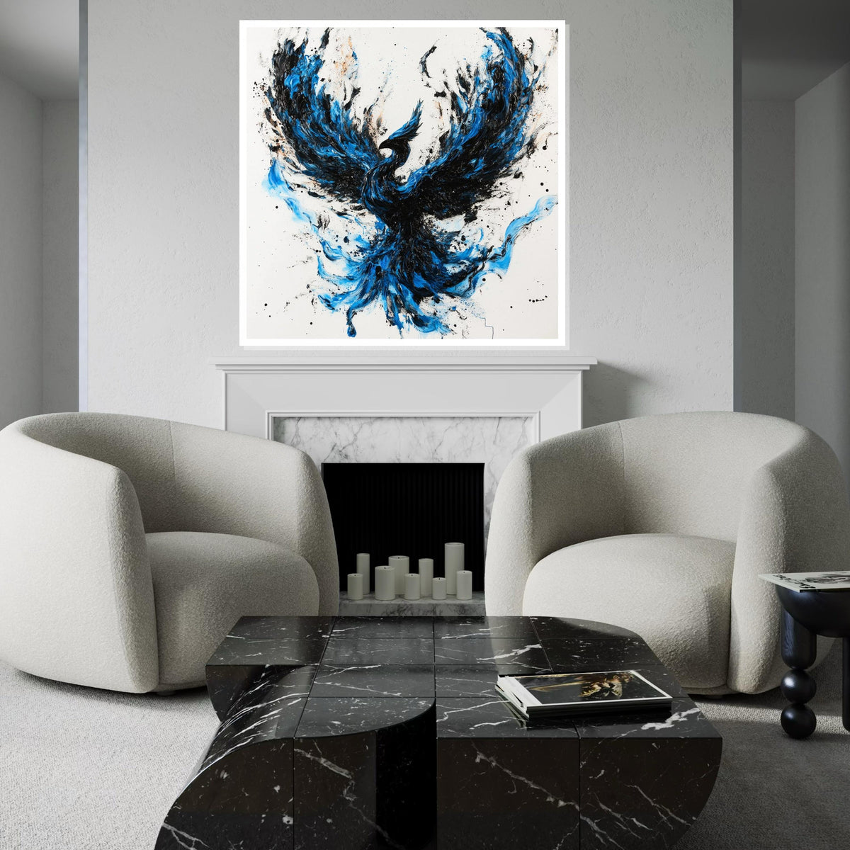 Blue & Black Phoenix Canvas Print, Dynamic Firebird Illustration with Brushstroke Texture, Bold Mythical Wall Art for Home or Office