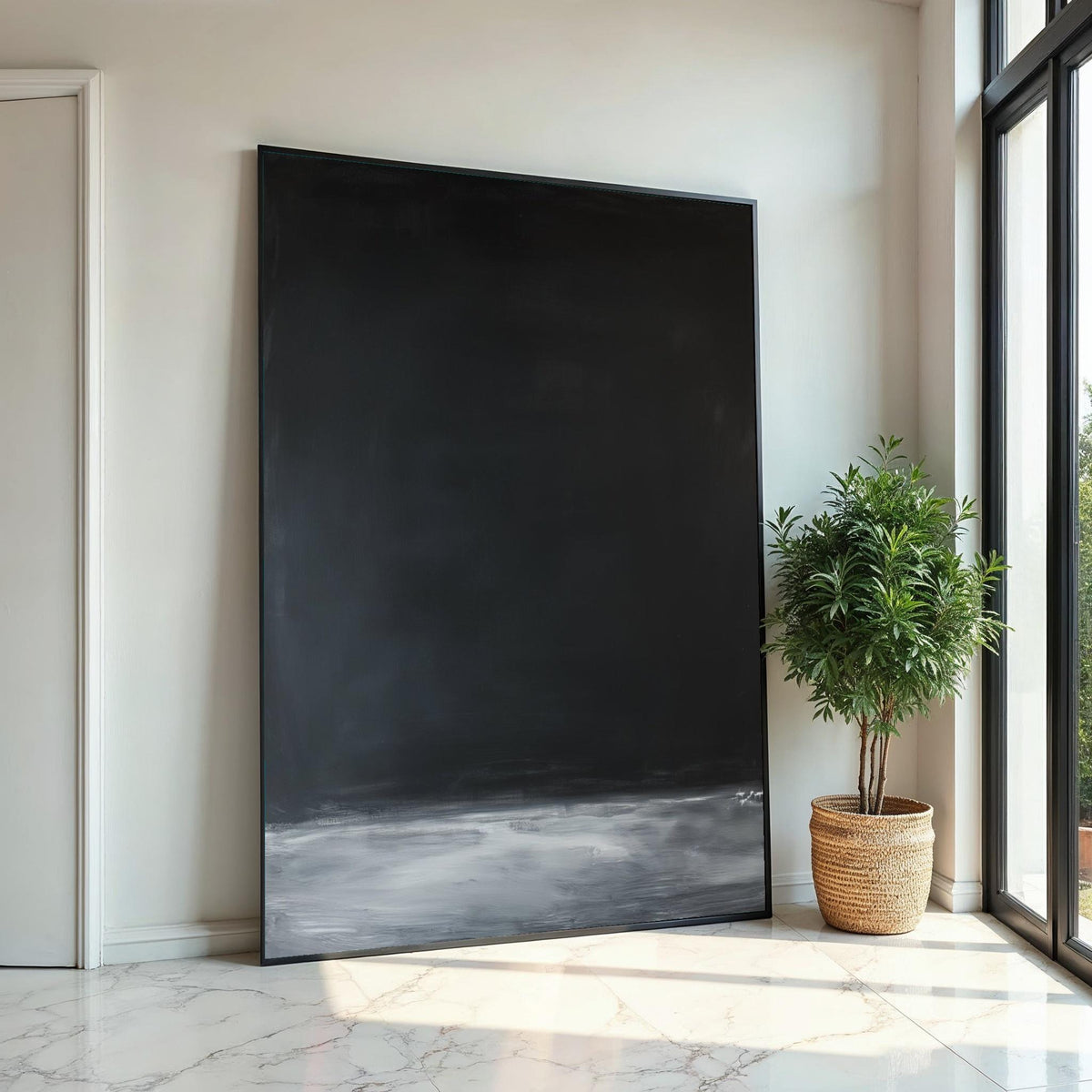 Mark Rothko Inspired Deep Black & Gray Horizon Canvas Print, Oil-Paint Texture Color Field Art, Minimalist Modern Wall Decor for Living Room