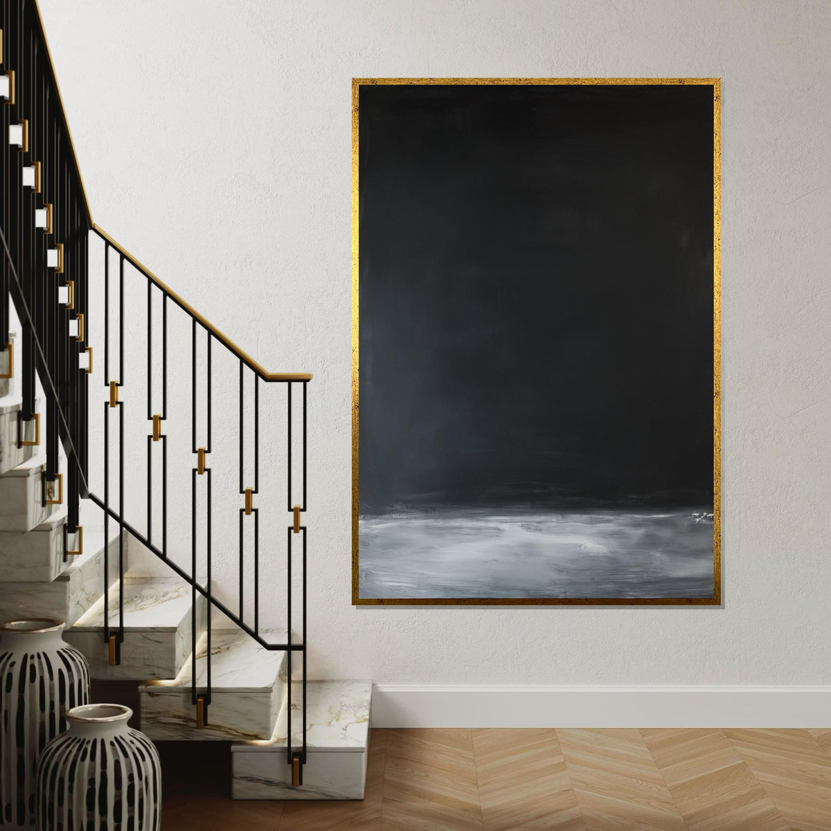Mark Rothko Inspired Deep Black & Gray Horizon Canvas Print, Oil-Paint Texture Color Field Art, Minimalist Modern Wall Decor for Living Room