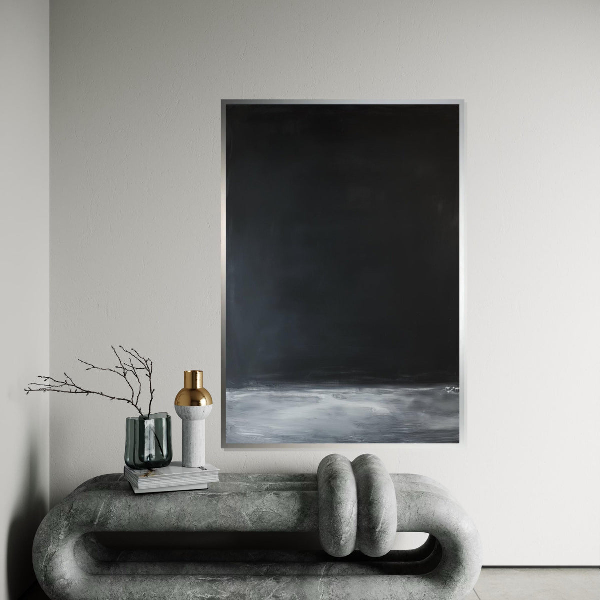 Mark Rothko Inspired Deep Black & Gray Horizon Canvas Print, Oil-Paint Texture Color Field Art, Minimalist Modern Wall Decor for Living Room