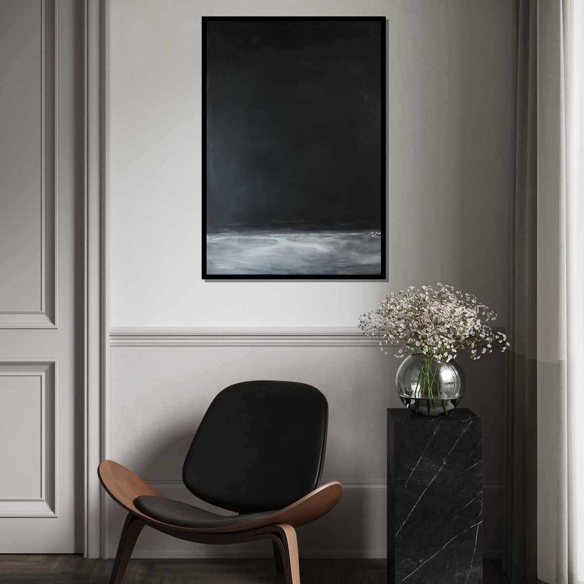 Mark Rothko Inspired Deep Black & Gray Horizon Canvas Print, Oil-Paint Texture Color Field Art, Minimalist Modern Wall Decor for Living Room