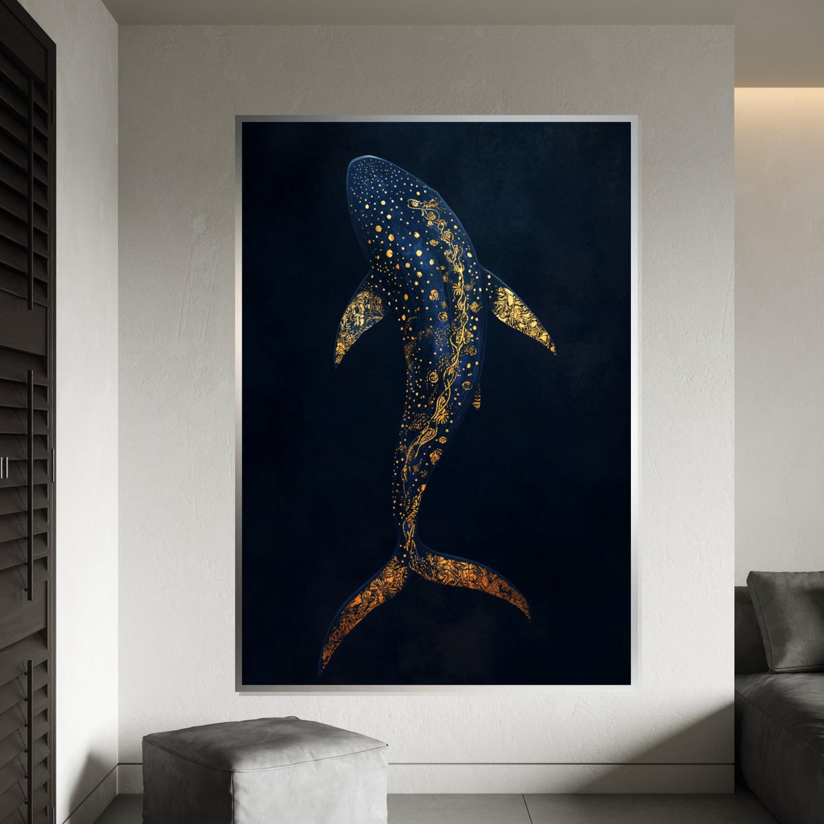 Elegant Gold-Accent Whale Shark Canvas Print, Deep Sea Marine Illustration on Navy Background, Modern Nautical Wall Decor for Living Room