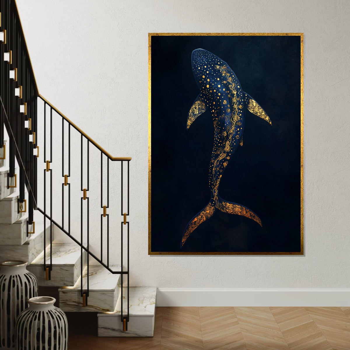 Elegant Gold-Accent Whale Shark Canvas Print, Deep Sea Marine Illustration on Navy Background, Modern Nautical Wall Decor for Living Room