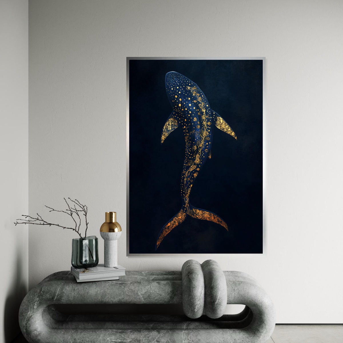Elegant Gold-Accent Whale Shark Canvas Print, Deep Sea Marine Illustration on Navy Background, Modern Nautical Wall Decor for Living Room