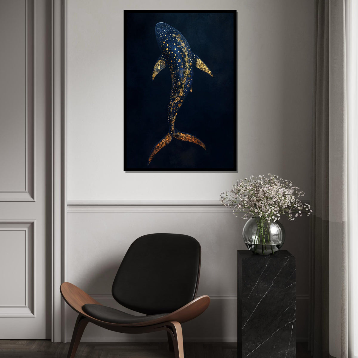 Elegant Gold-Accent Whale Shark Canvas Print, Deep Sea Marine Illustration on Navy Background, Modern Nautical Wall Decor for Living Room