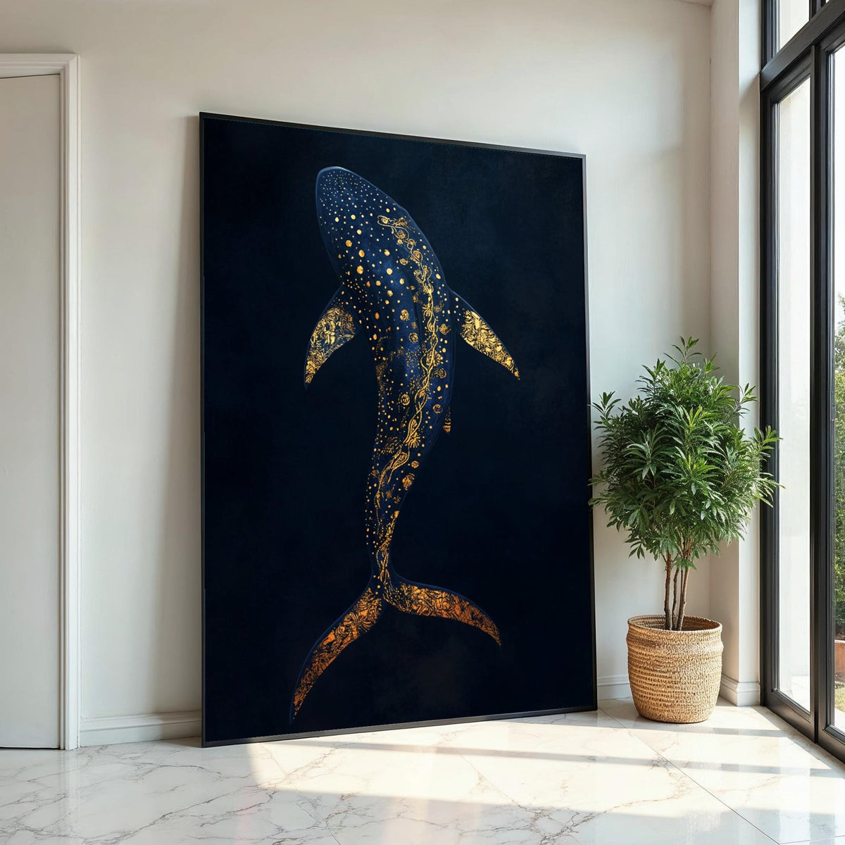 Elegant Gold-Accent Whale Shark Canvas Print, Deep Sea Marine Illustration on Navy Background, Modern Nautical Wall Decor for Living Room