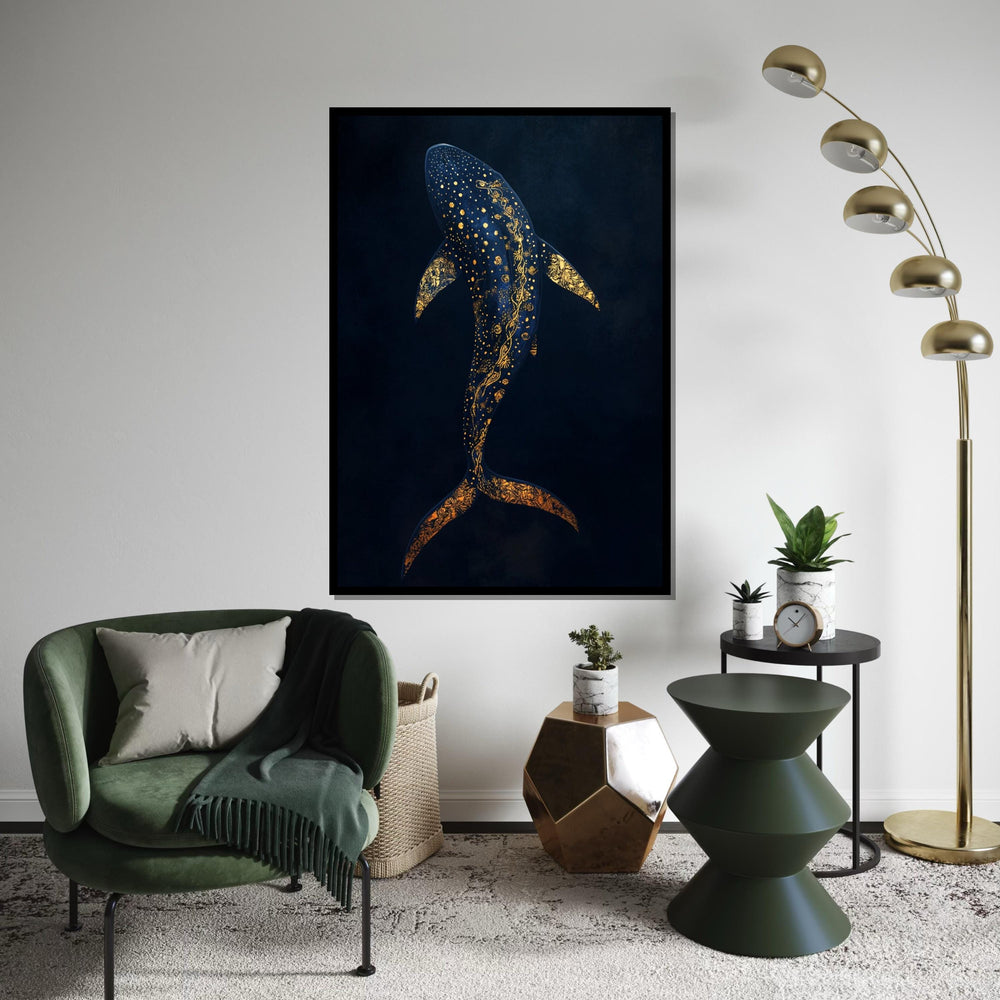 Elegant Gold-Accent Whale Shark Canvas Print, Deep Sea Marine Illustration on Navy Background, Modern Nautical Wall Decor for Living Room