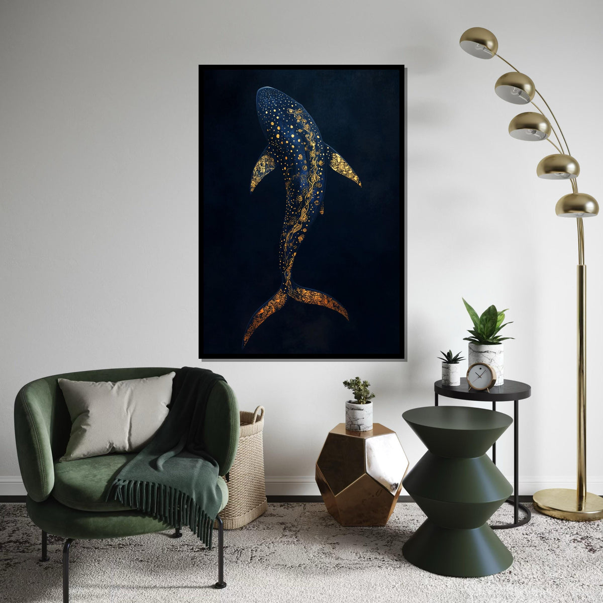 Elegant Gold-Accent Whale Shark Canvas Print, Deep Sea Marine Illustration on Navy Background, Modern Nautical Wall Decor for Living Room