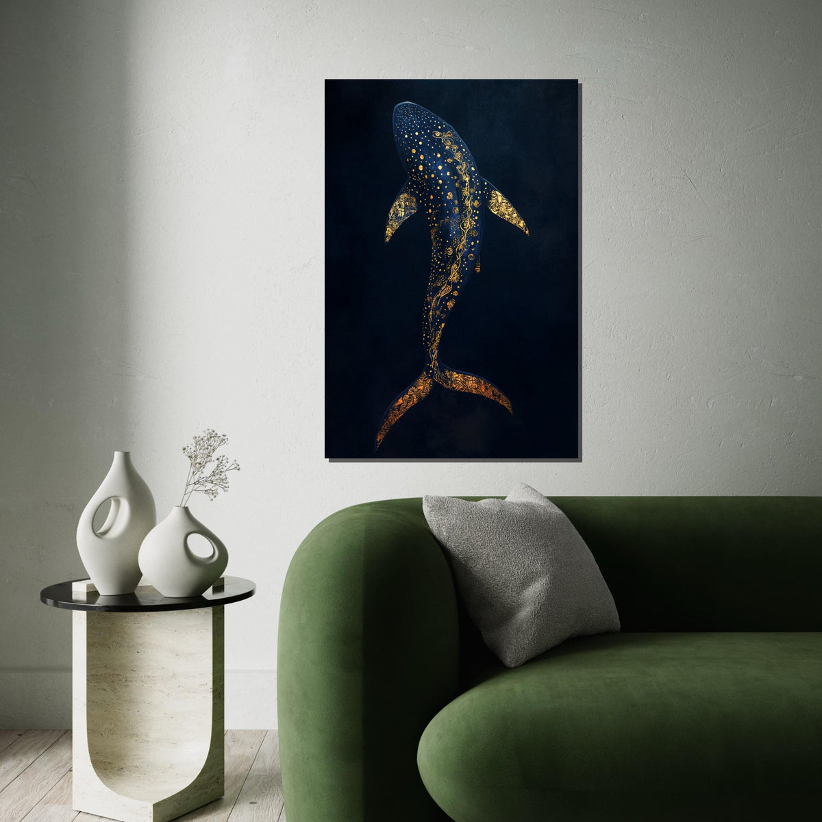 Elegant Gold-Accent Whale Shark Canvas Print, Deep Sea Marine Illustration on Navy Background, Modern Nautical Wall Decor for Living Room