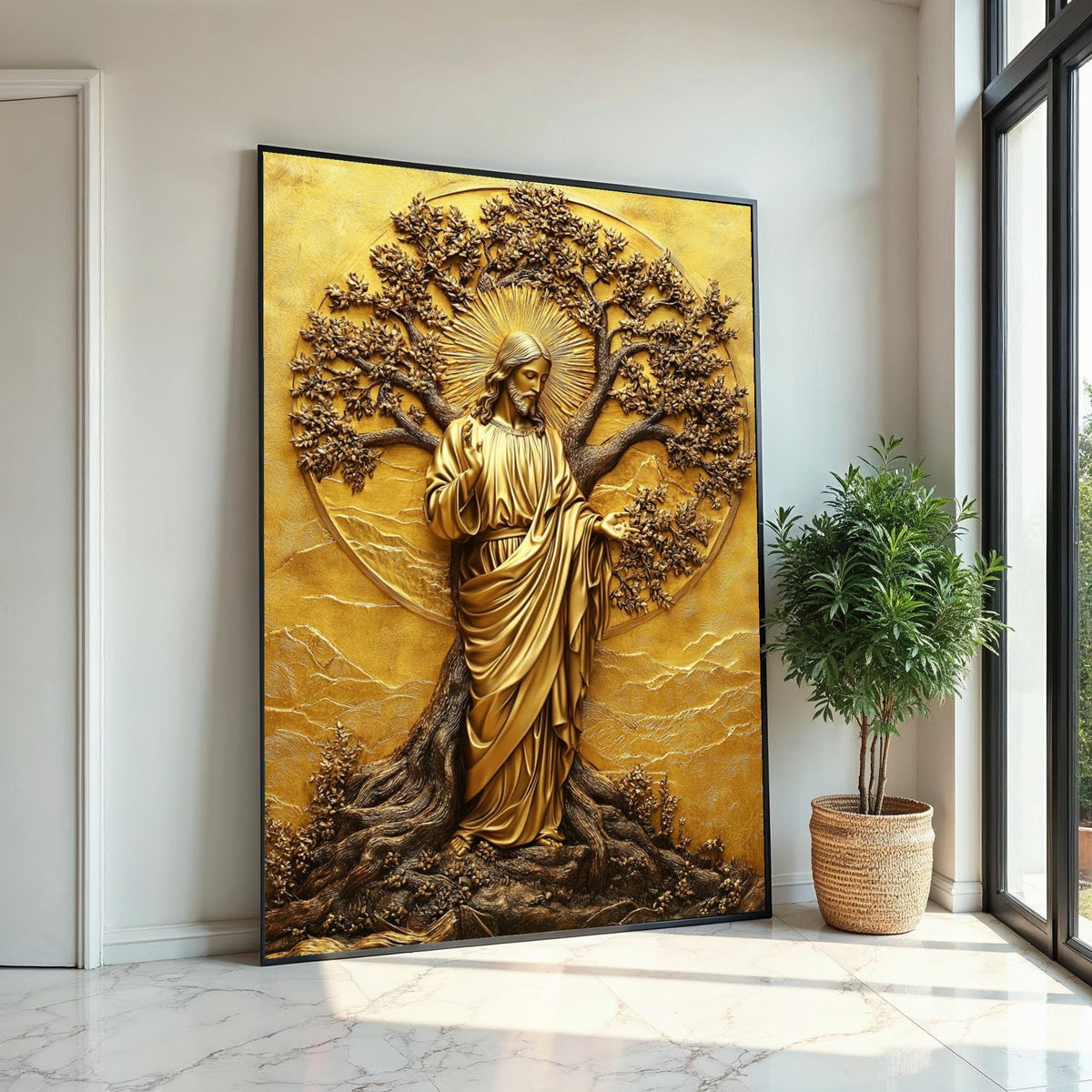 Gold Embossed Jesus Tree of Life Canvas Print,Metallic Relief Christian Wall Art,Sacred Scripture Inspired Religious,Luxe Statement Piece