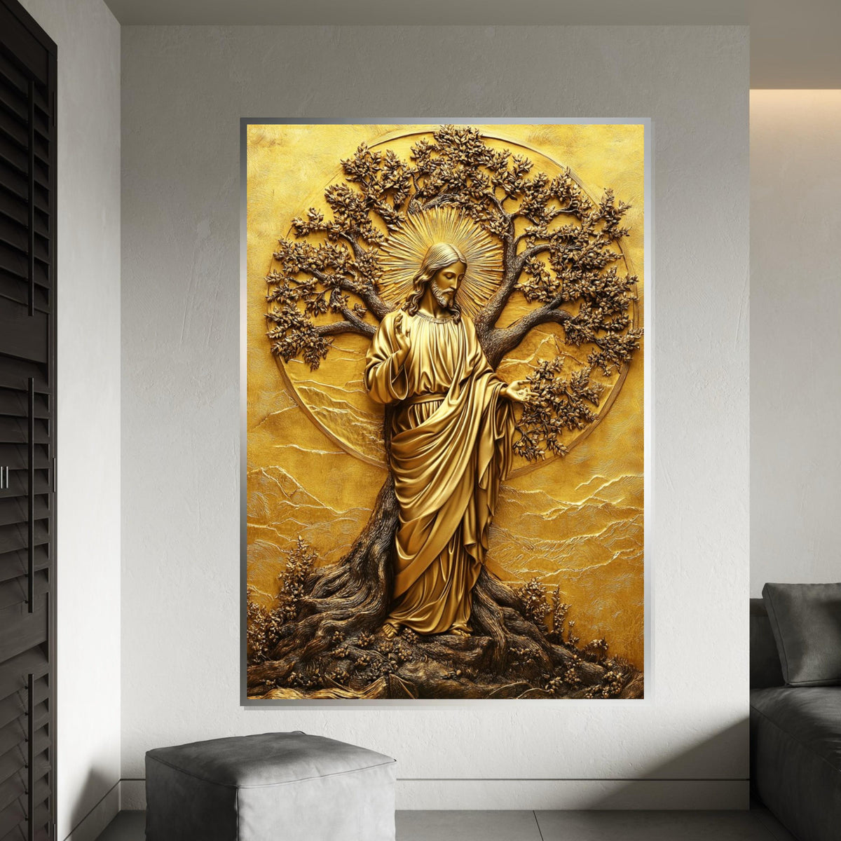 Gold Embossed Jesus Tree of Life Canvas Print,Metallic Relief Christian Wall Art,Sacred Scripture Inspired Religious,Luxe Statement Piece