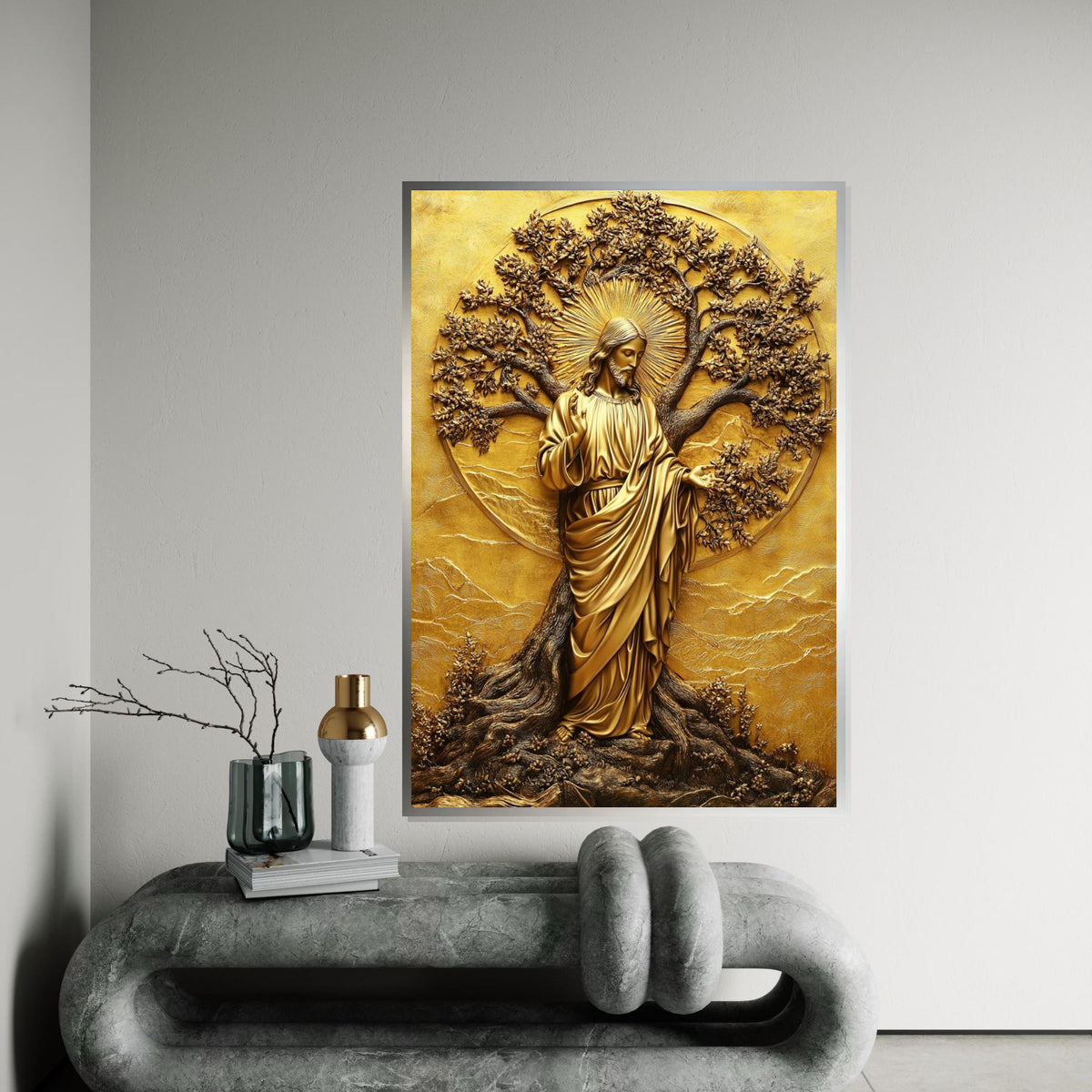 Gold Embossed Jesus Tree of Life Canvas Print,Metallic Relief Christian Wall Art,Sacred Scripture Inspired Religious,Luxe Statement Piece