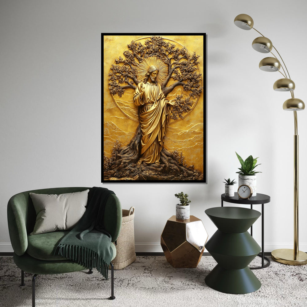Gold Embossed Jesus Tree of Life Canvas Print,Metallic Relief Christian Wall Art,Sacred Scripture Inspired Religious,Luxe Statement Piece
