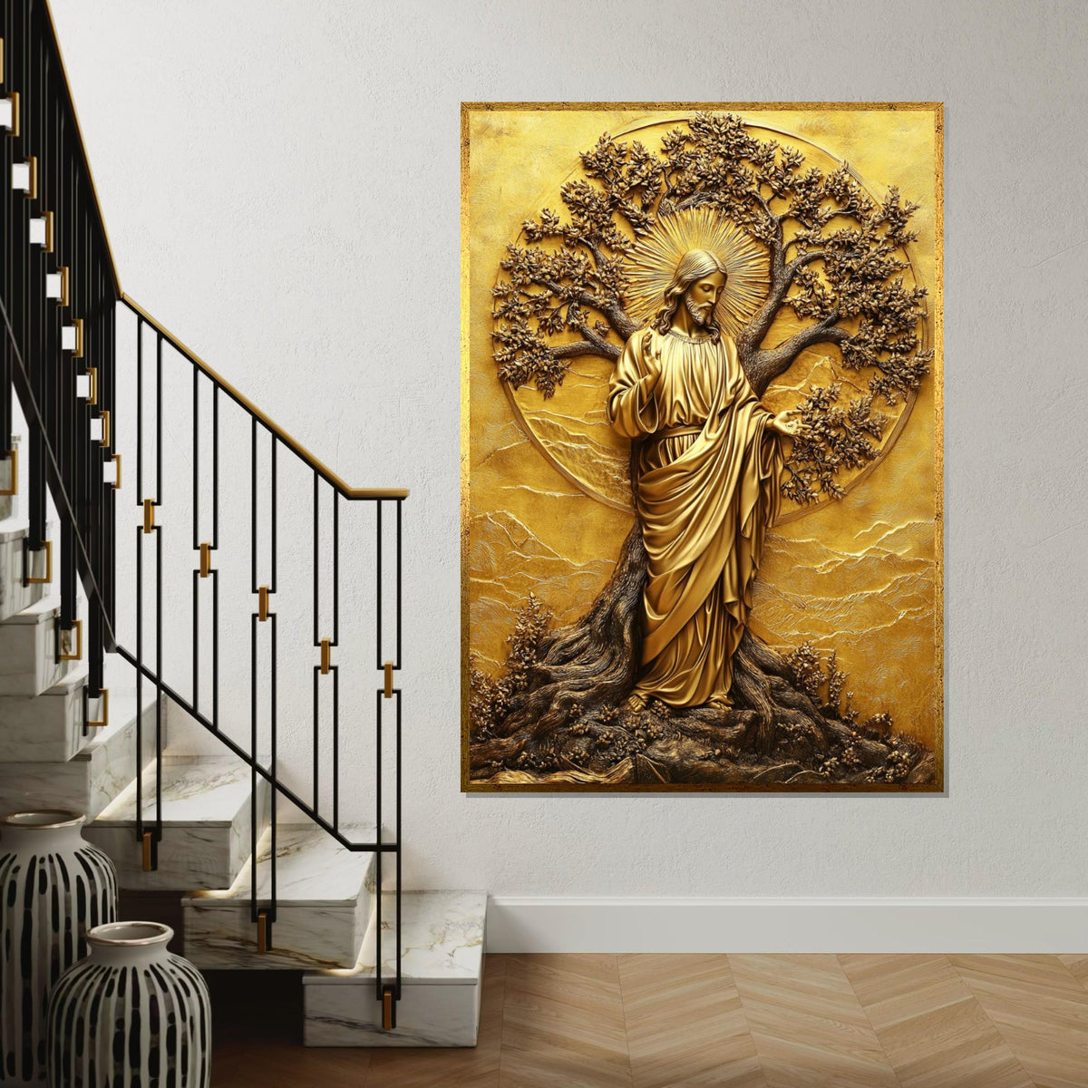 Gold Embossed Jesus Tree of Life Canvas Print,Metallic Relief Christian Wall Art,Sacred Scripture Inspired Religious,Luxe Statement Piece