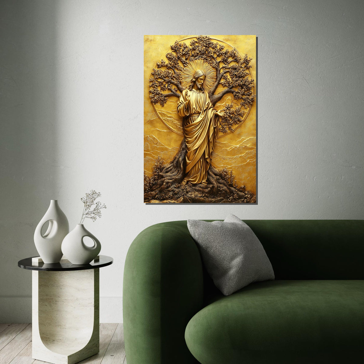 Gold Embossed Jesus Tree of Life Canvas Print,Metallic Relief Christian Wall Art,Sacred Scripture Inspired Religious,Luxe Statement Piece