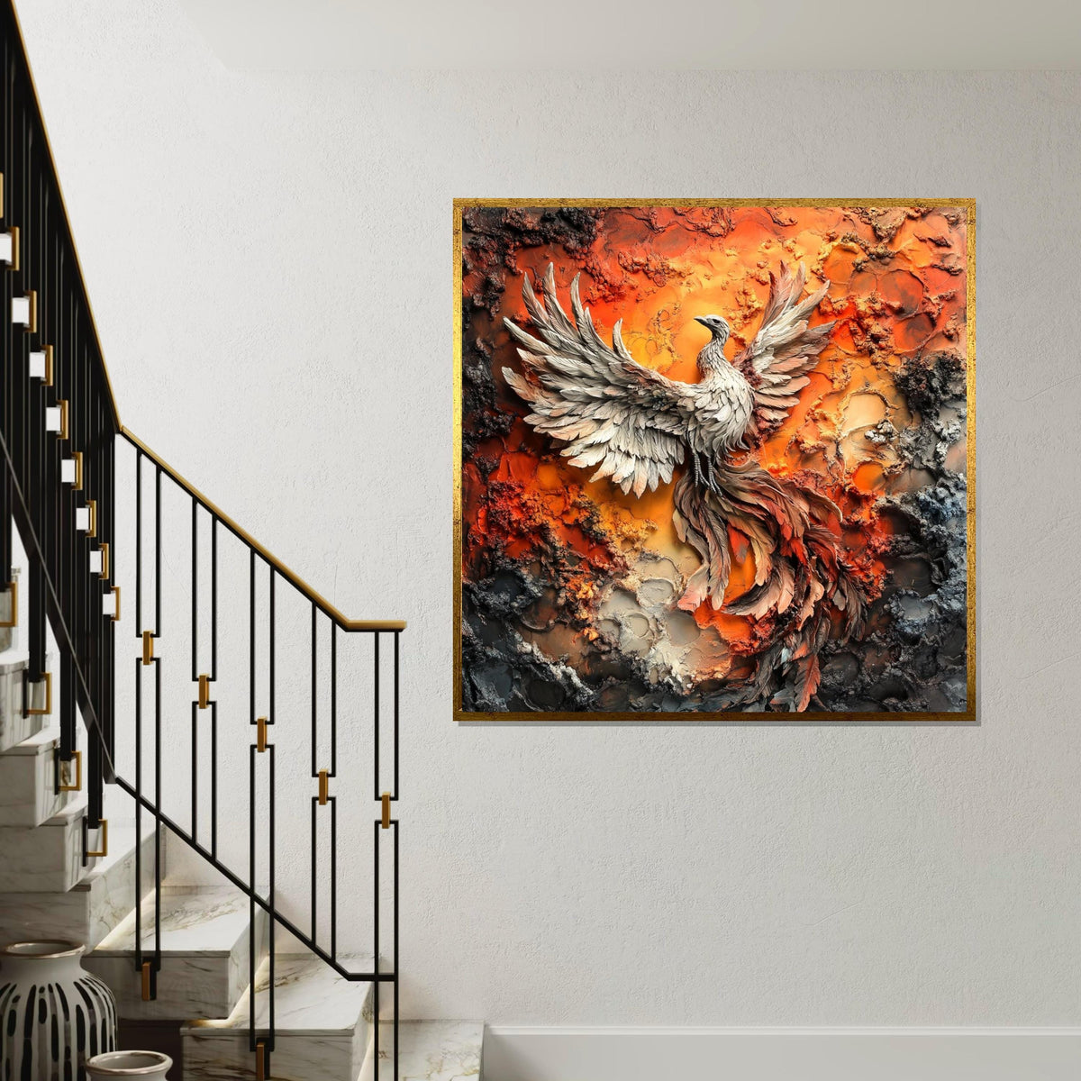 Hyperrealistic Phoenix Rising Canvas Print, Fiery Mythical Bird Art, Textured Oil-Paint Style Wall Decor, Bold Fantasy Statement Piece