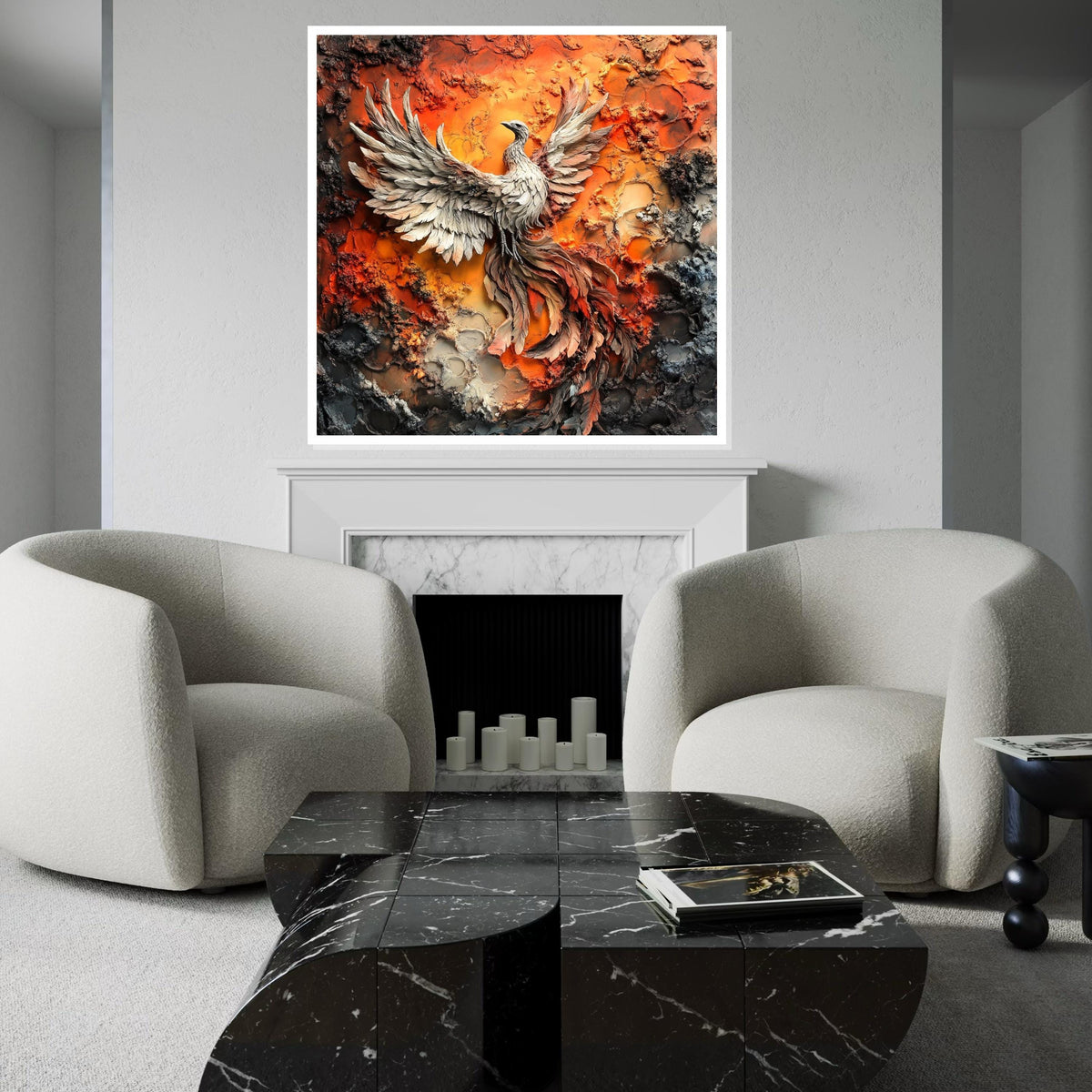 Hyperrealistic Phoenix Rising Canvas Print, Fiery Mythical Bird Art, Textured Oil-Paint Style Wall Decor, Bold Fantasy Statement Piece