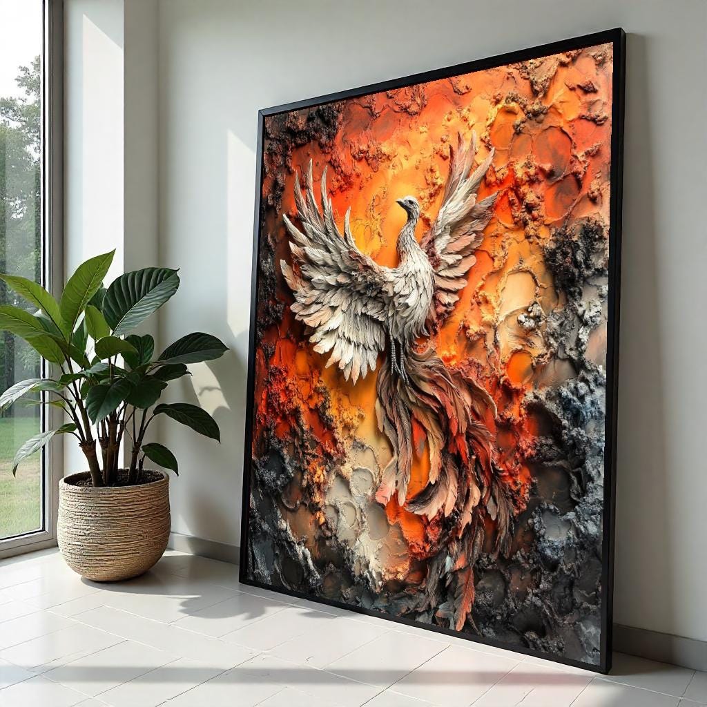 Hyperrealistic Phoenix Rising Canvas Print, Fiery Mythical Bird Art, Textured Oil-Paint Style Wall Decor, Bold Fantasy Statement Piece