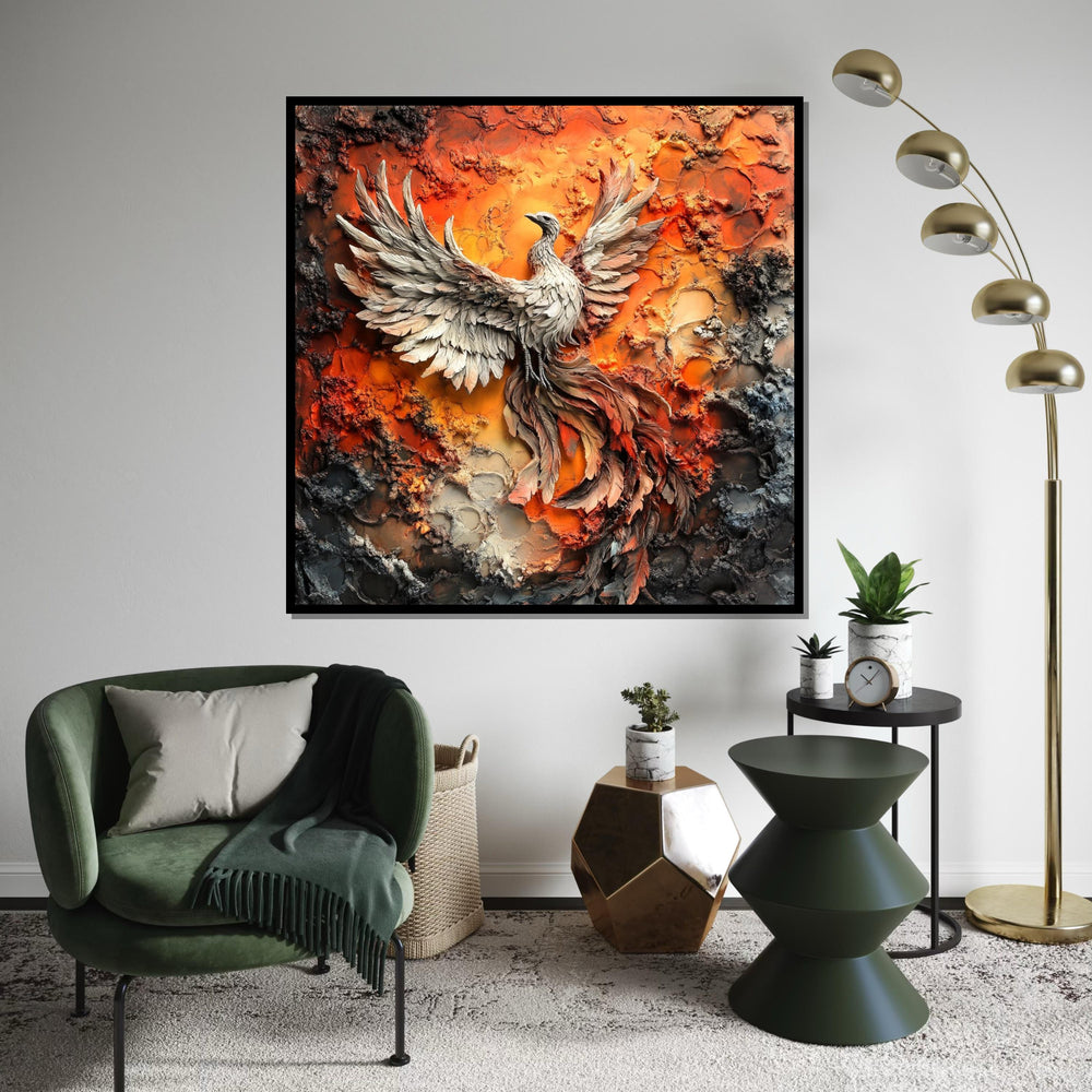 Hyperrealistic Phoenix Rising Canvas Print, Fiery Mythical Bird Art, Textured Oil-Paint Style Wall Decor, Bold Fantasy Statement Piece