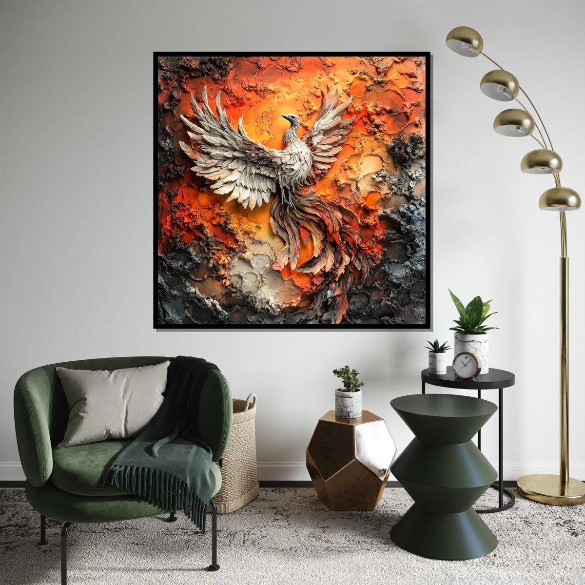 Hyperrealistic Phoenix Rising Canvas Print, Fiery Mythical Bird Art, Textured Oil-Paint Style Wall Decor, Bold Fantasy Statement Piece