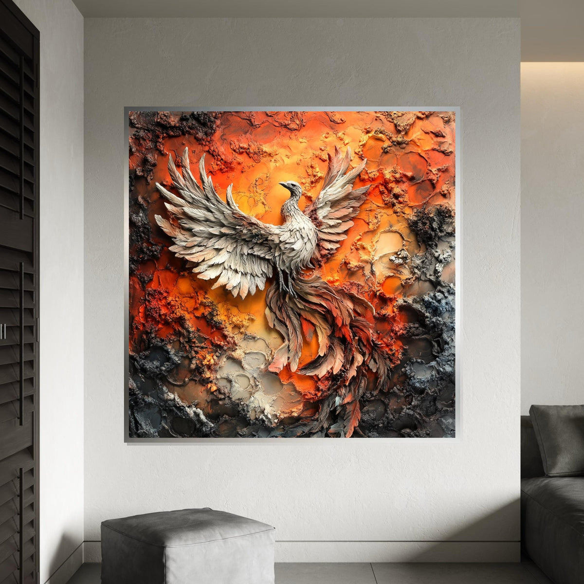 Hyperrealistic Phoenix Rising Canvas Print, Fiery Mythical Bird Art, Textured Oil-Paint Style Wall Decor, Bold Fantasy Statement Piece