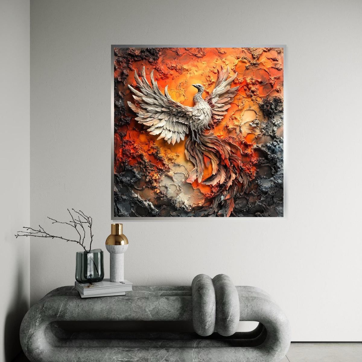 Hyperrealistic Phoenix Rising Canvas Print, Fiery Mythical Bird Art, Textured Oil-Paint Style Wall Decor, Bold Fantasy Statement Piece