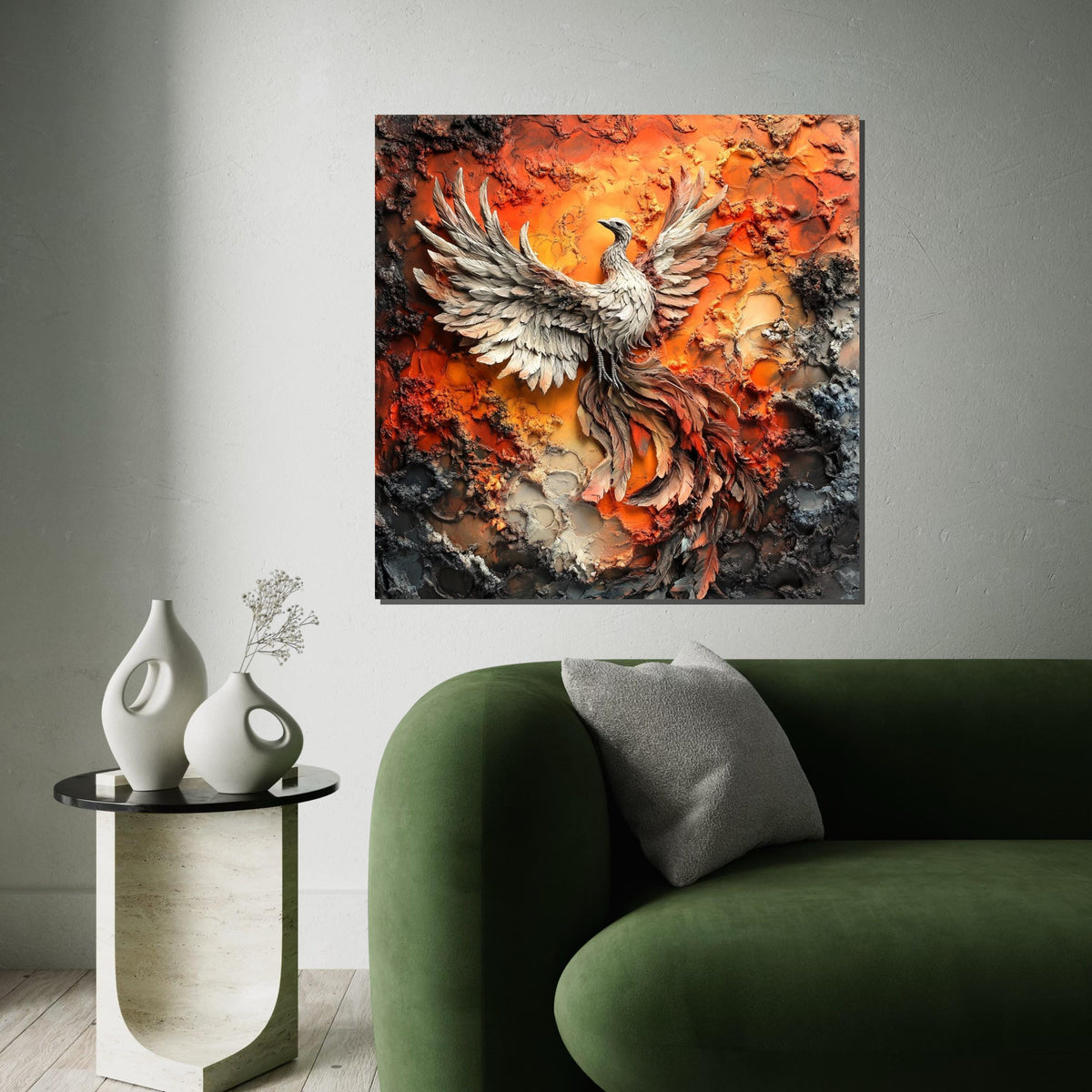 Hyperrealistic Phoenix Rising Canvas Print, Fiery Mythical Bird Art, Textured Oil-Paint Style Wall Decor, Bold Fantasy Statement Piece
