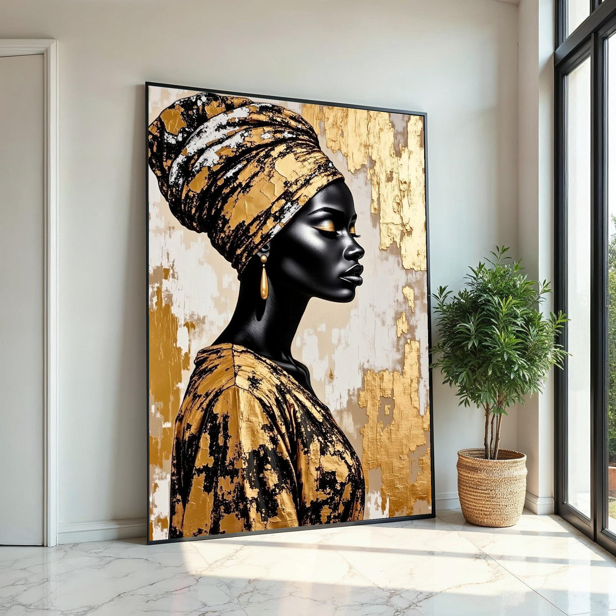 Gold Foil Headwrap Woman Canvas Print, Monochrome African Profile Art, Luxury Metallic Wall Decor, Modern Oil-Style Fashion Portrait