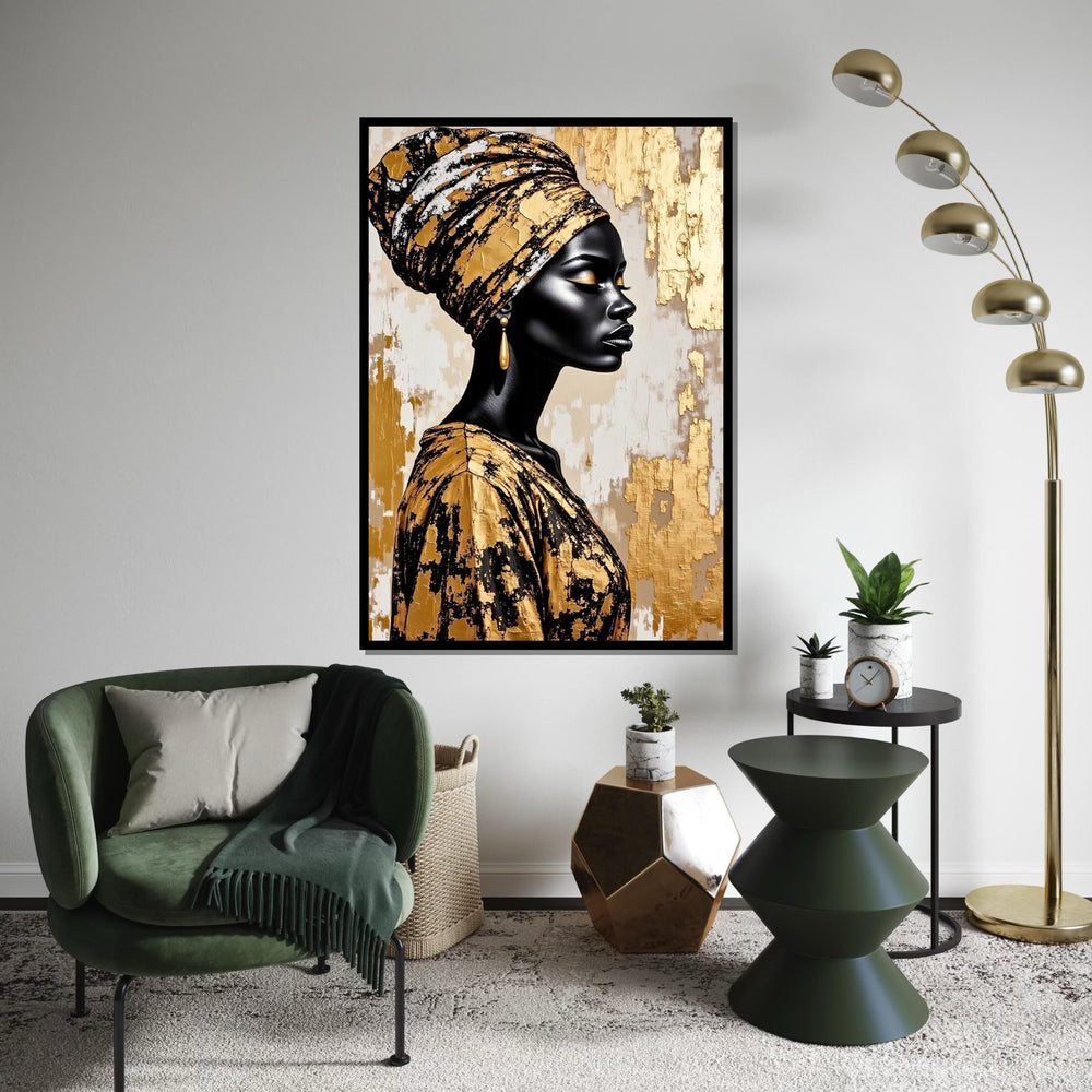 Gold Foil Headwrap Woman Canvas Print, Monochrome African Profile Art, Luxury Metallic Wall Decor, Modern Oil-Style Fashion Portrait
