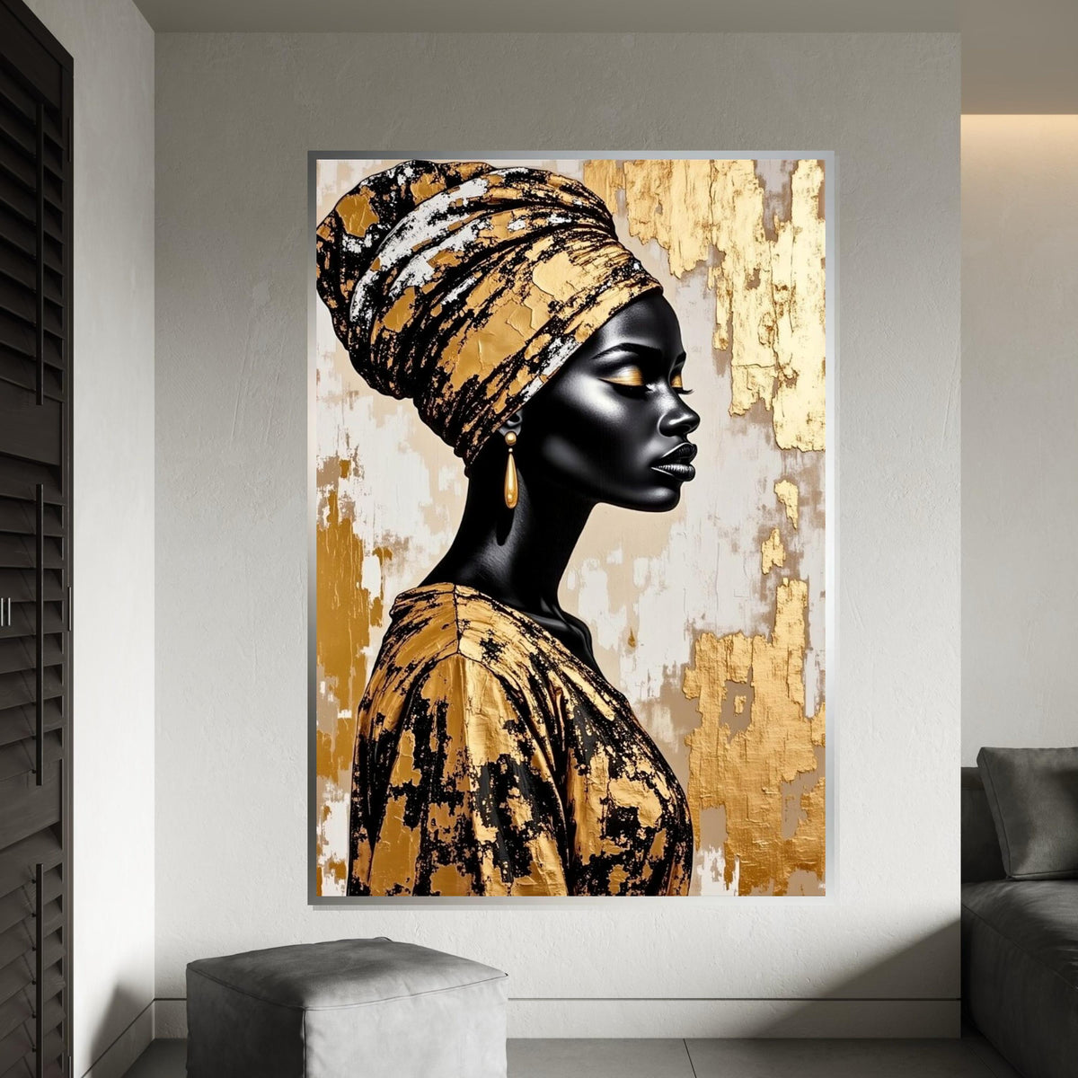Gold Foil Headwrap Woman Canvas Print, Monochrome African Profile Art, Luxury Metallic Wall Decor, Modern Oil-Style Fashion Portrait