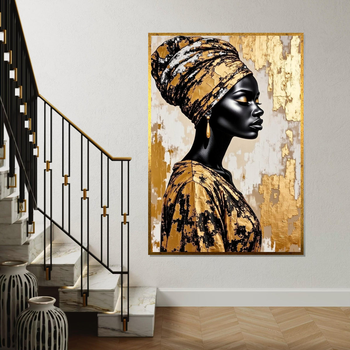 Gold Foil Headwrap Woman Canvas Print, Monochrome African Profile Art, Luxury Metallic Wall Decor, Modern Oil-Style Fashion Portrait