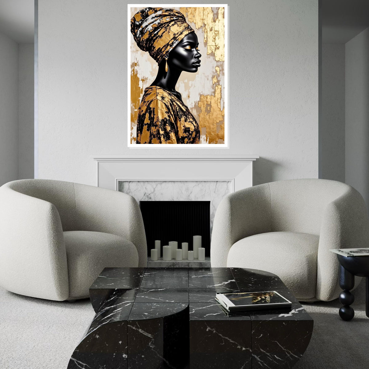 Gold Foil Headwrap Woman Canvas Print, Monochrome African Profile Art, Luxury Metallic Wall Decor, Modern Oil-Style Fashion Portrait