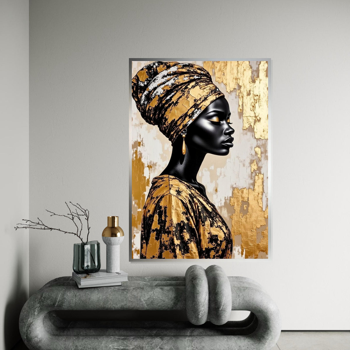 Gold Foil Headwrap Woman Canvas Print, Monochrome African Profile Art, Luxury Metallic Wall Decor, Modern Oil-Style Fashion Portrait