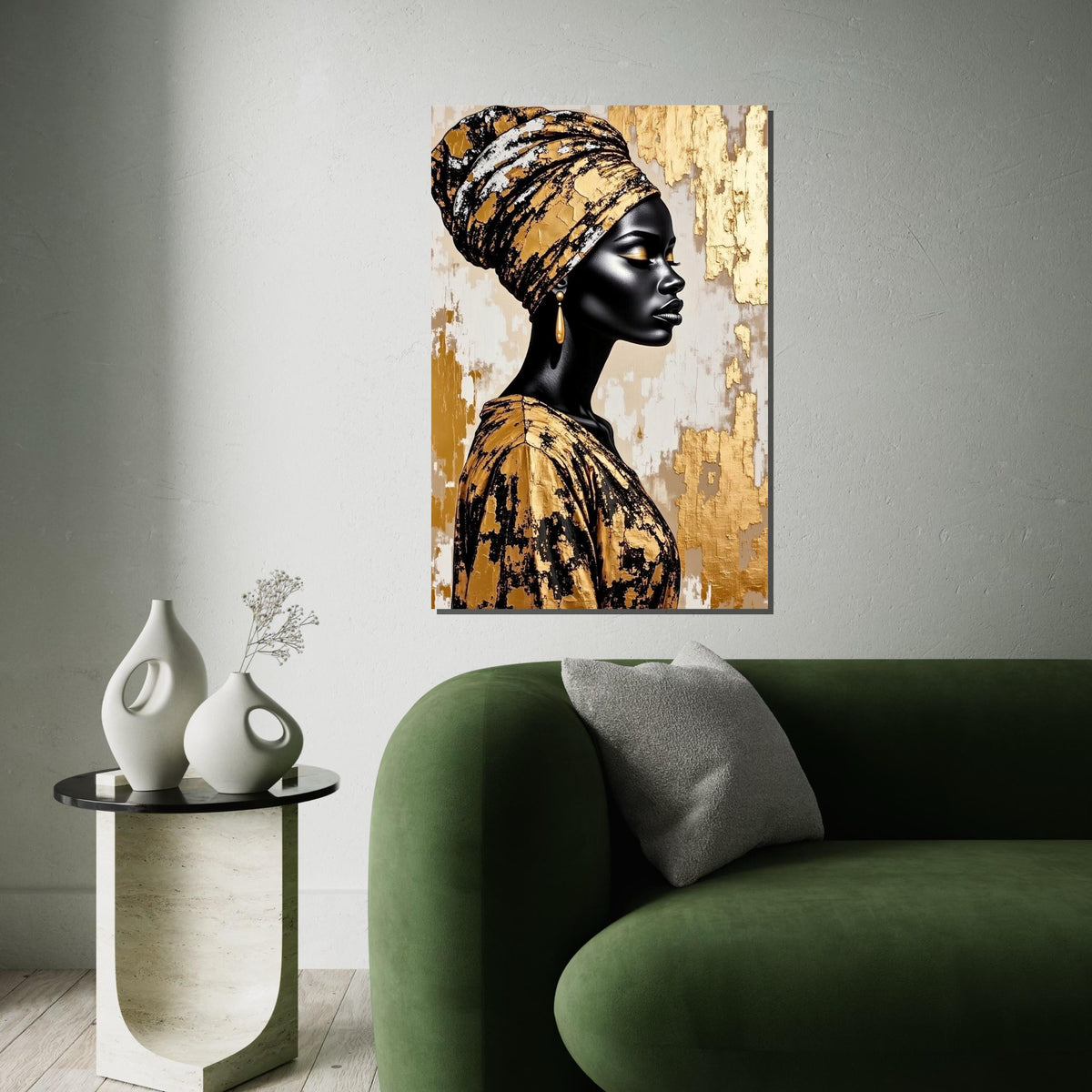 Gold Foil Headwrap Woman Canvas Print, Monochrome African Profile Art, Luxury Metallic Wall Decor, Modern Oil-Style Fashion Portrait