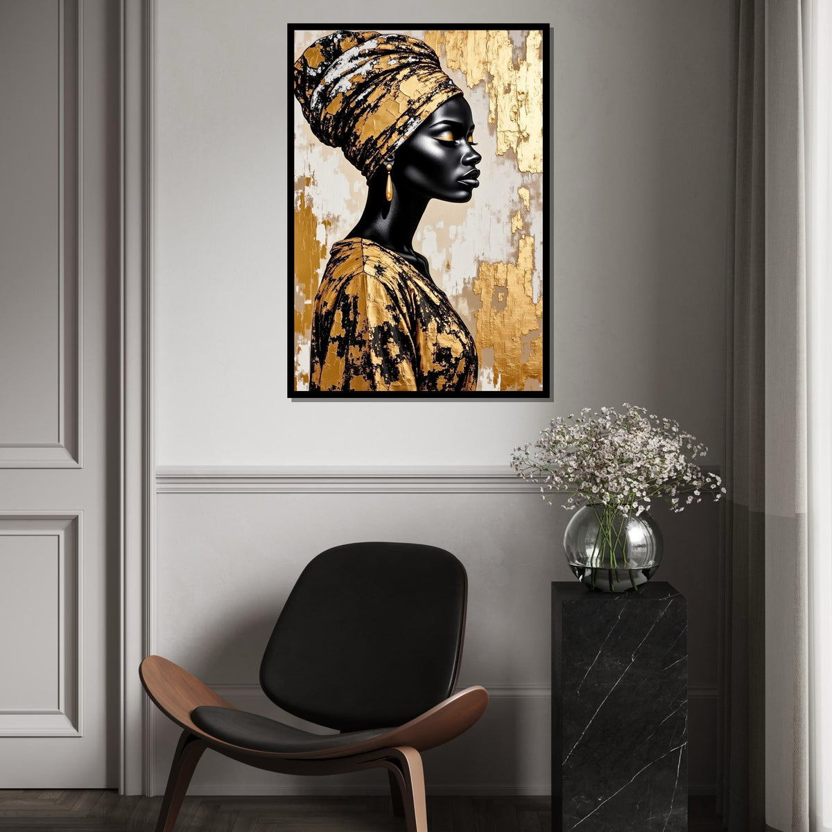 Gold Foil Headwrap Woman Canvas Print, Monochrome African Profile Art, Luxury Metallic Wall Decor, Modern Oil-Style Fashion Portrait