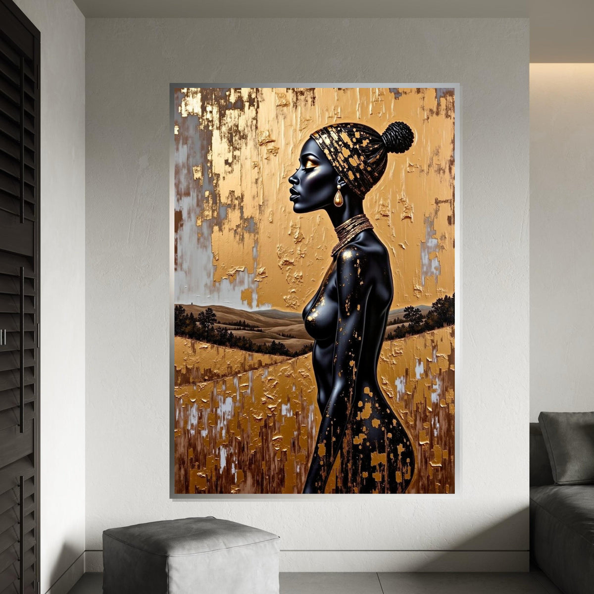 Gold Foil Headwrap Woman Canvas Print, Monochrome African Profile Art, Luxury Metallic Textured Wall Decor, Modern Fashion Portrait