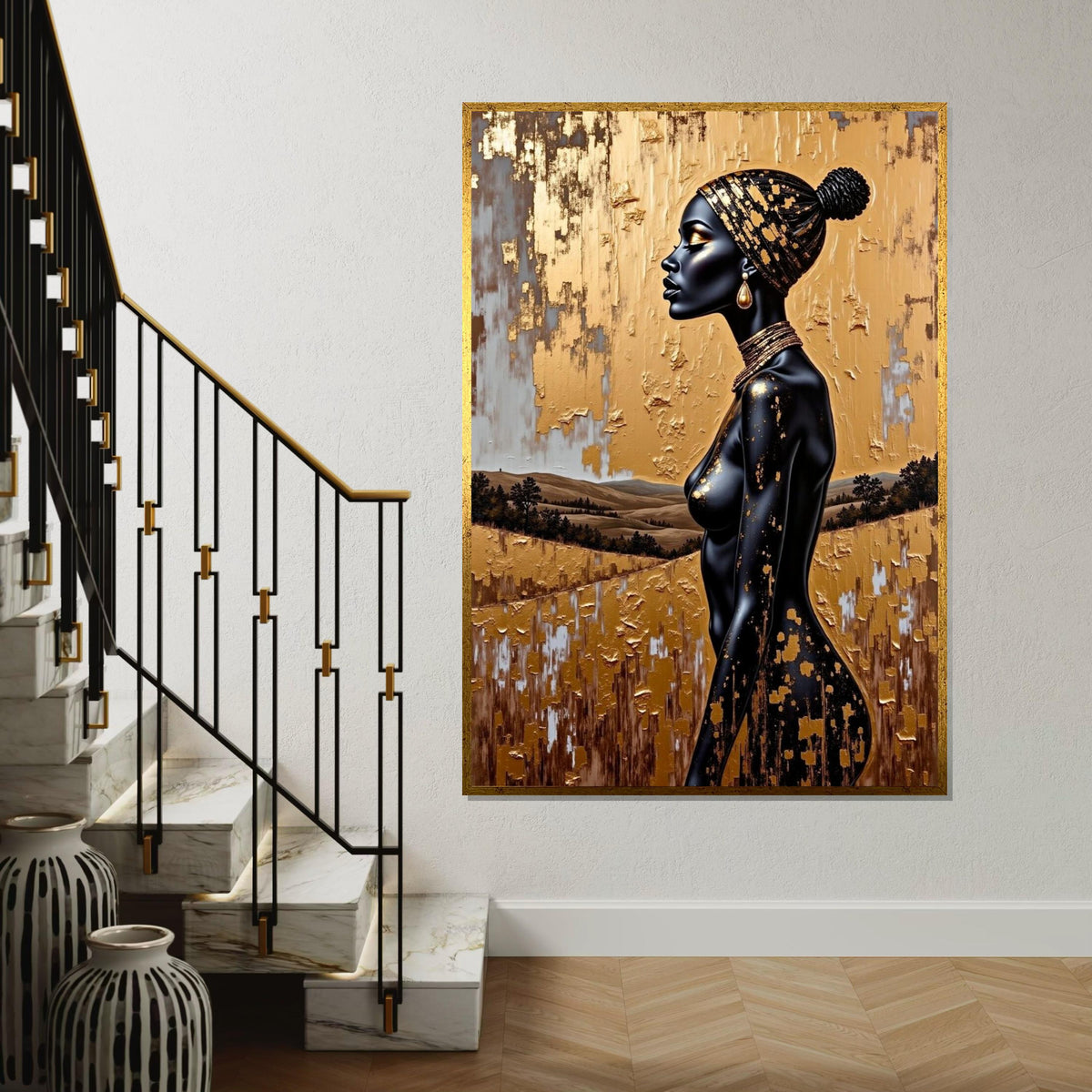 Gold Foil Headwrap Woman Canvas Print, Monochrome African Profile Art, Luxury Metallic Textured Wall Decor, Modern Fashion Portrait