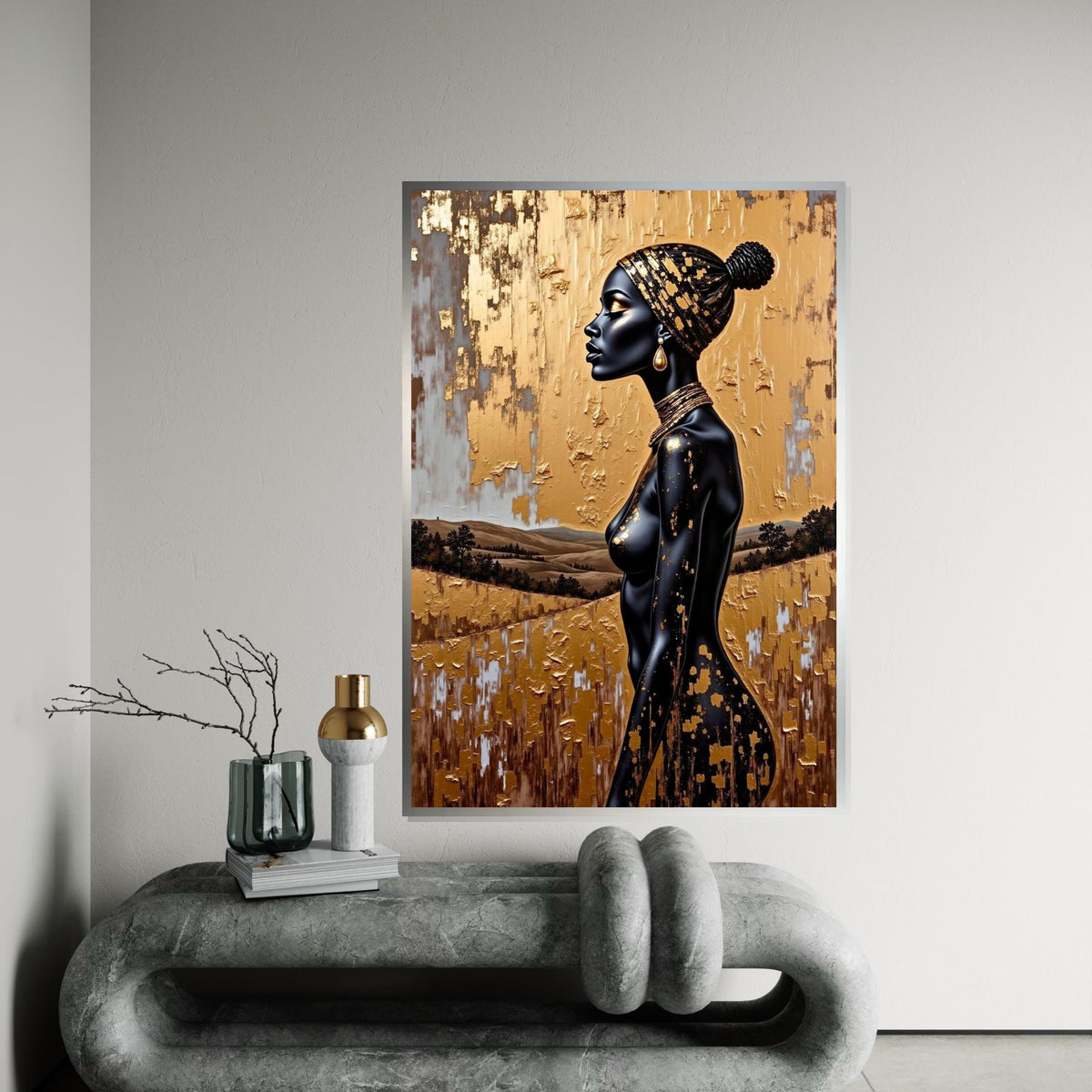 Gold Foil Headwrap Woman Canvas Print, Monochrome African Profile Art, Luxury Metallic Textured Wall Decor, Modern Fashion Portrait