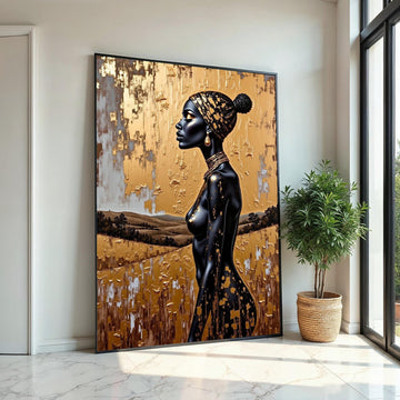 Gold Foil Headwrap Woman Canvas Print, Monochrome African Profile Art, Luxury Metallic Textured Wall Decor, Modern Fashion Portrait