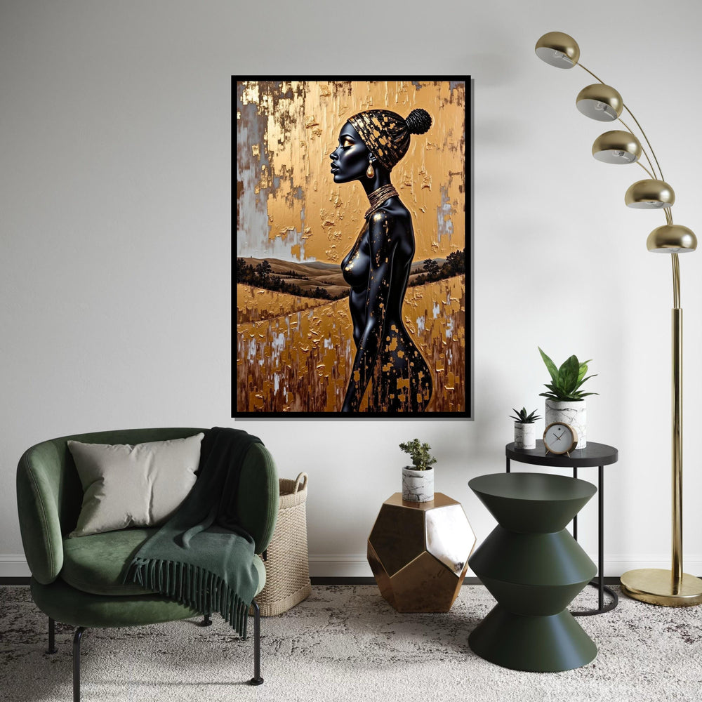 Gold Foil Headwrap Woman Canvas Print, Monochrome African Profile Art, Luxury Metallic Textured Wall Decor, Modern Fashion Portrait