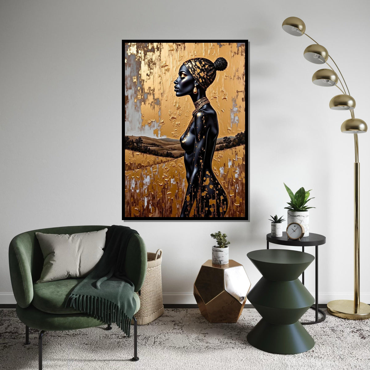 Gold Foil Headwrap Woman Canvas Print, Monochrome African Profile Art, Luxury Metallic Textured Wall Decor, Modern Fashion Portrait